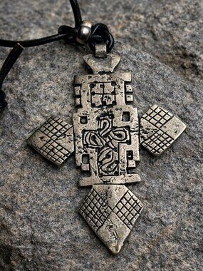 Vintage Tribal Cross Pendant Necklace Boho Ethnic Jewelry Rustic Artisan Style